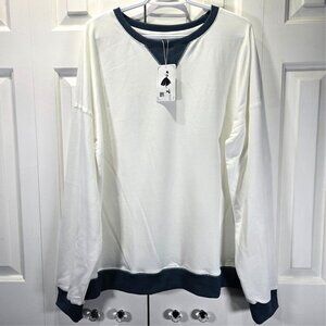 NWT White & Blue Casual Crew Neck Long Sleeve Loose Fit Sweater – Size Large